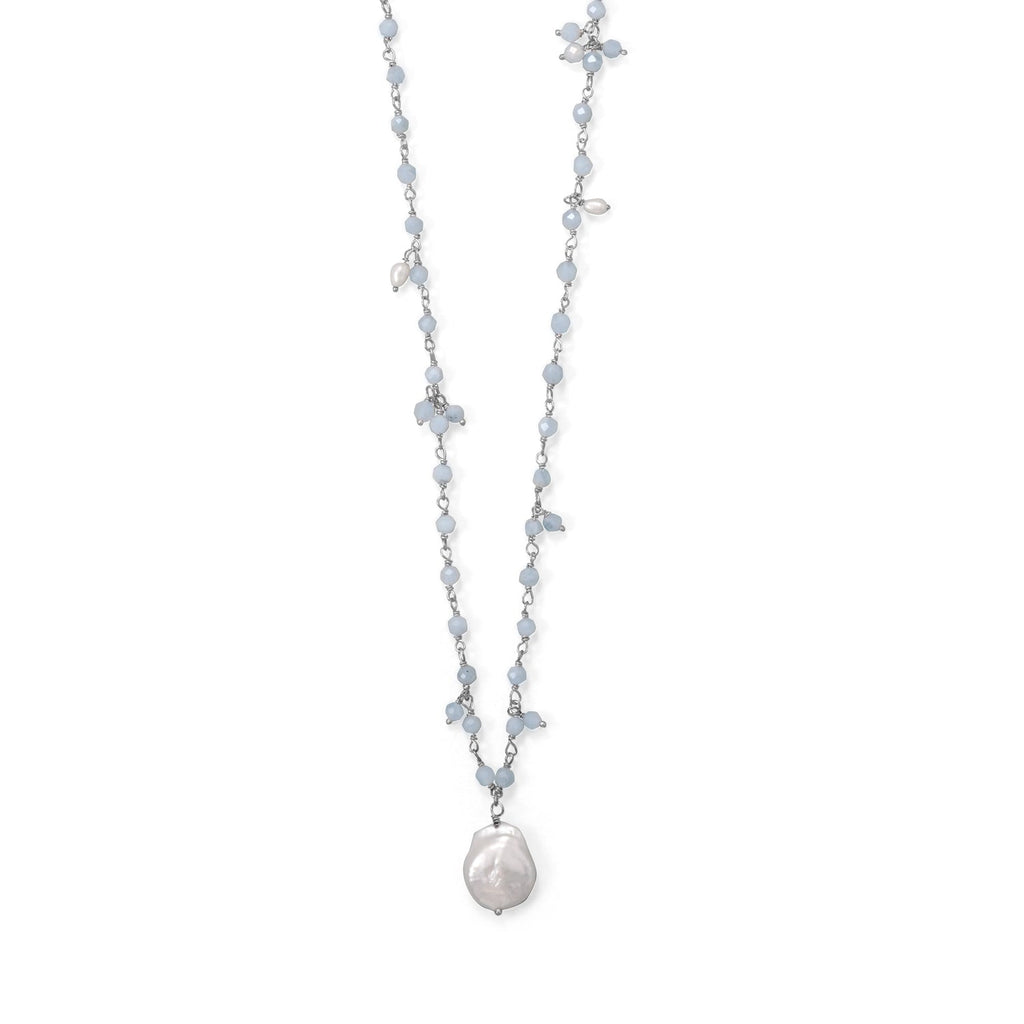 18"+2" Beaded Aquamarine and Cultured Fresh Water Pearl Necklace