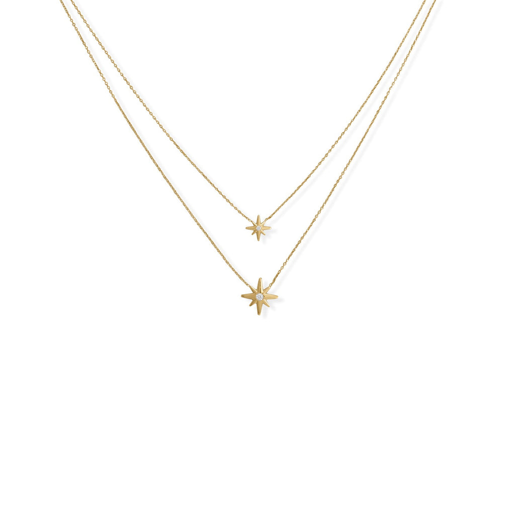 16"/17"+2" 14 Karat Gold Plated Two Strand CZ Star Necklace
