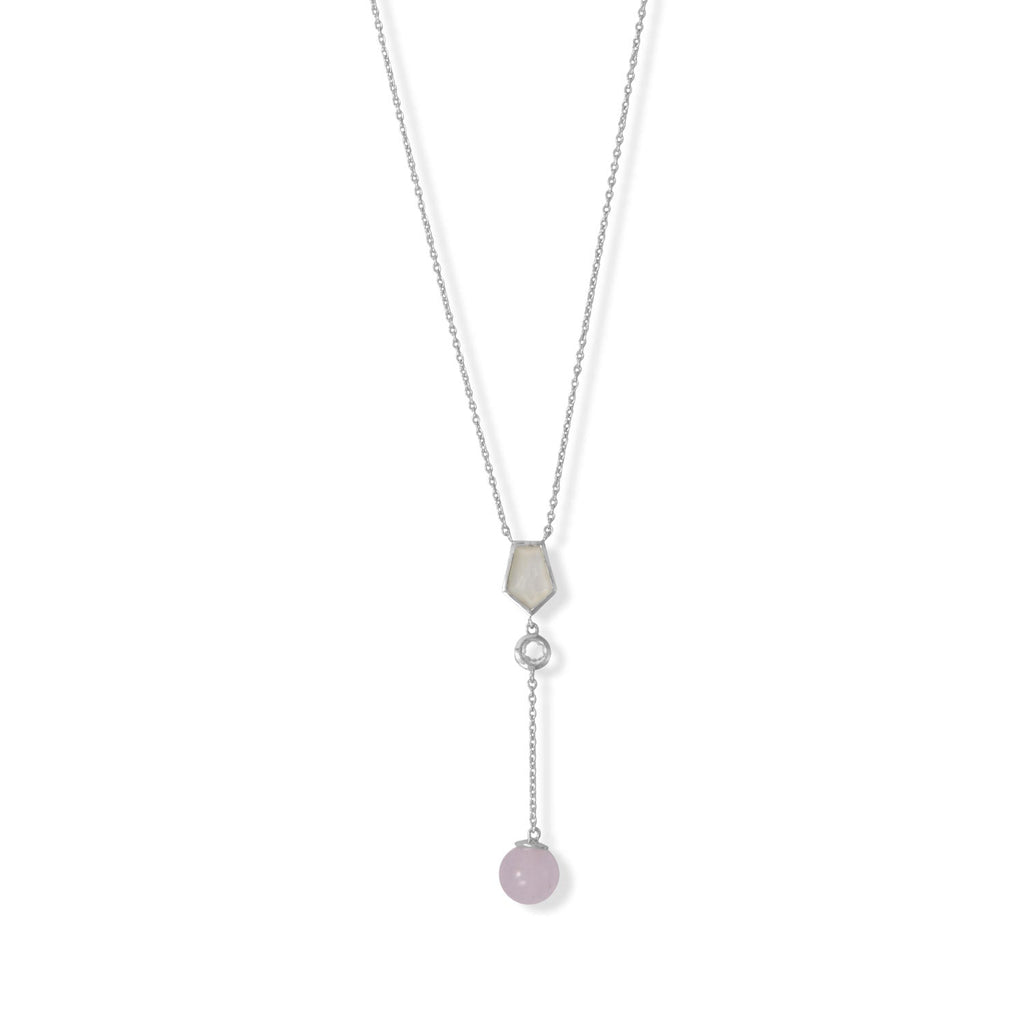 16" + 2" Rhodium Plated Mother of Pearl, Clear Quartz and Rose Quartz Necklace