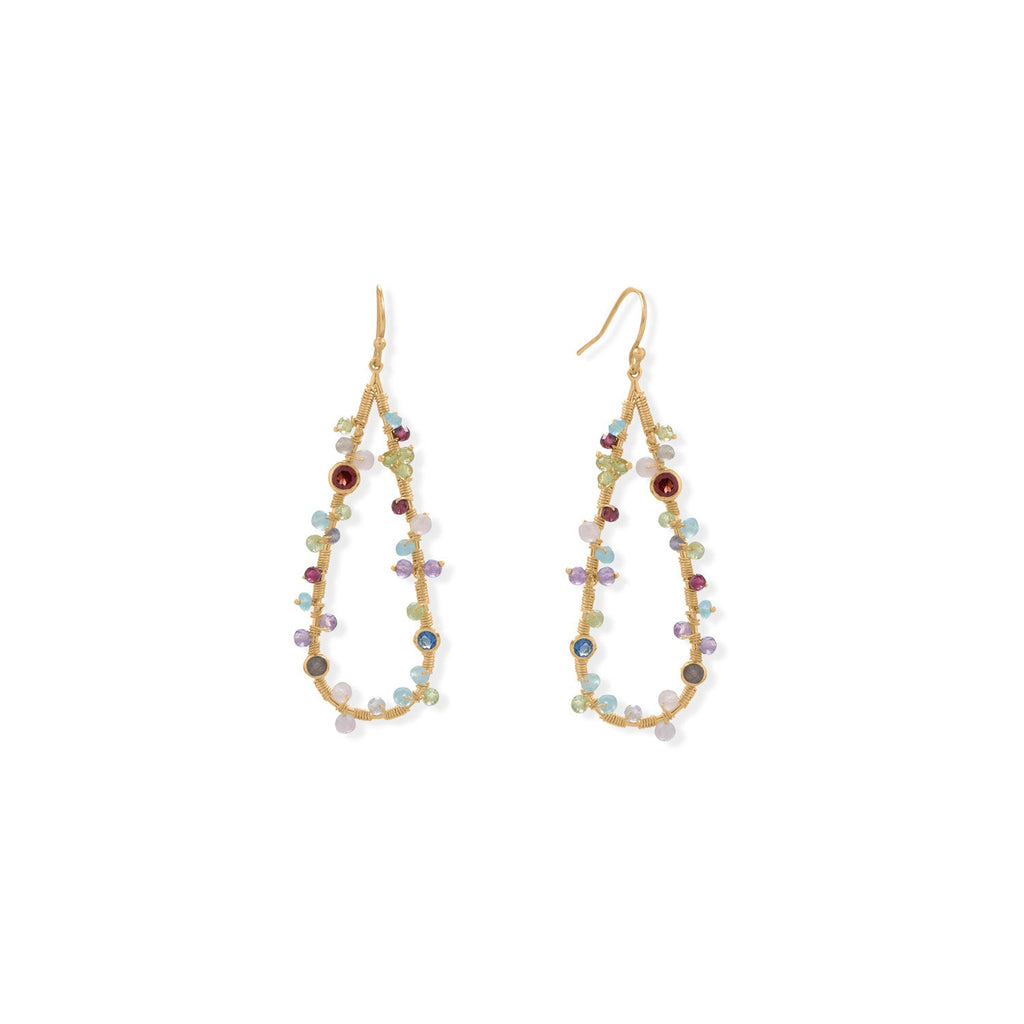 14 Karat Gold Plated Pear Shaped Beaded Stone Earrings