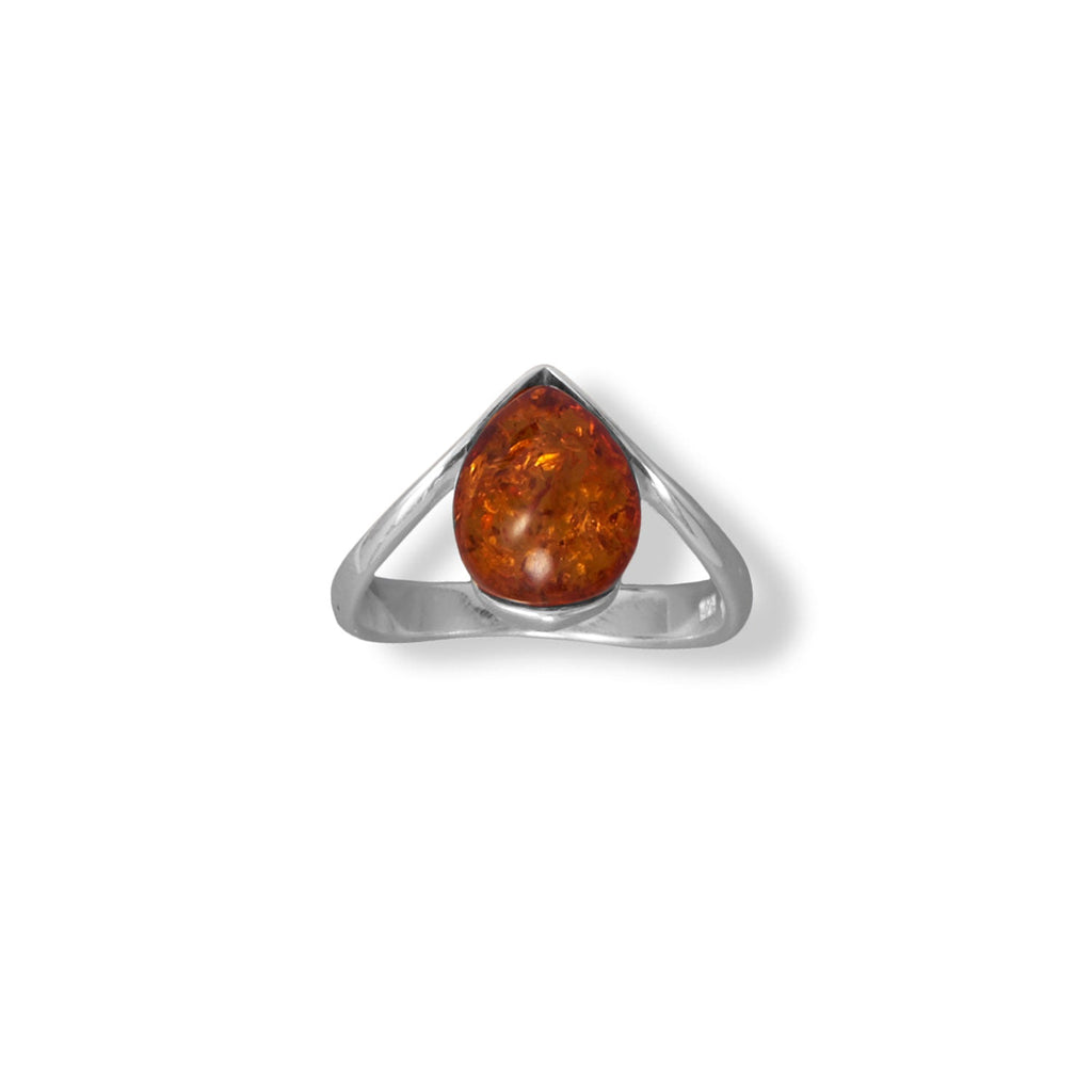 Polished Sterling Silver "V" with Pear Amber Ring
